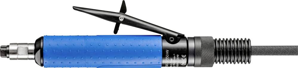 A pneumatic screwdriver with a blue handle and long nozzle. Primarily used in industrial assembly.