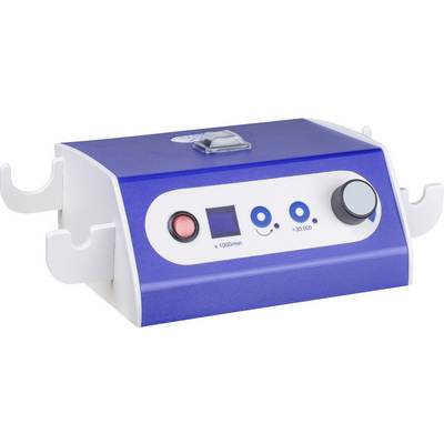 A blue and white medical device with control elements featuring a rotary knob and digital display; used for treatment in podiatry.