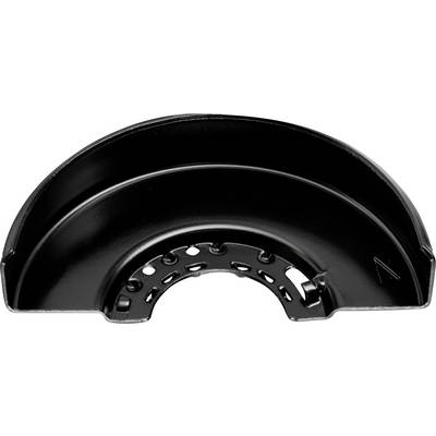 Black metal protective cover with holes and a curved shape, presumably for a machine tool, viewed from above.