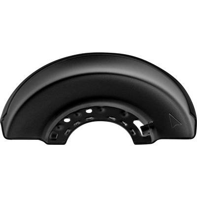 A black, curved metal protective cover, possibly a mudguard or fender, with ventilation holes and an arrow symbol.