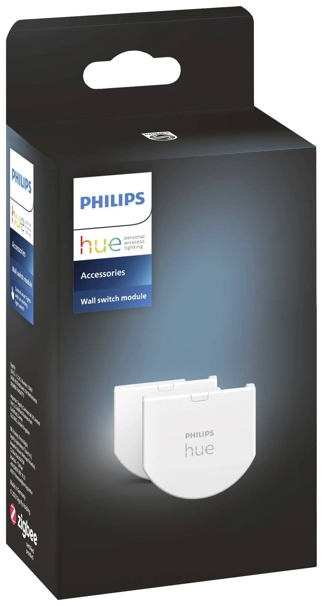 Packaging for a 'Philips Hue Wall Switch Module'. Contains a white module that transforms conventional light switches into smart switches.