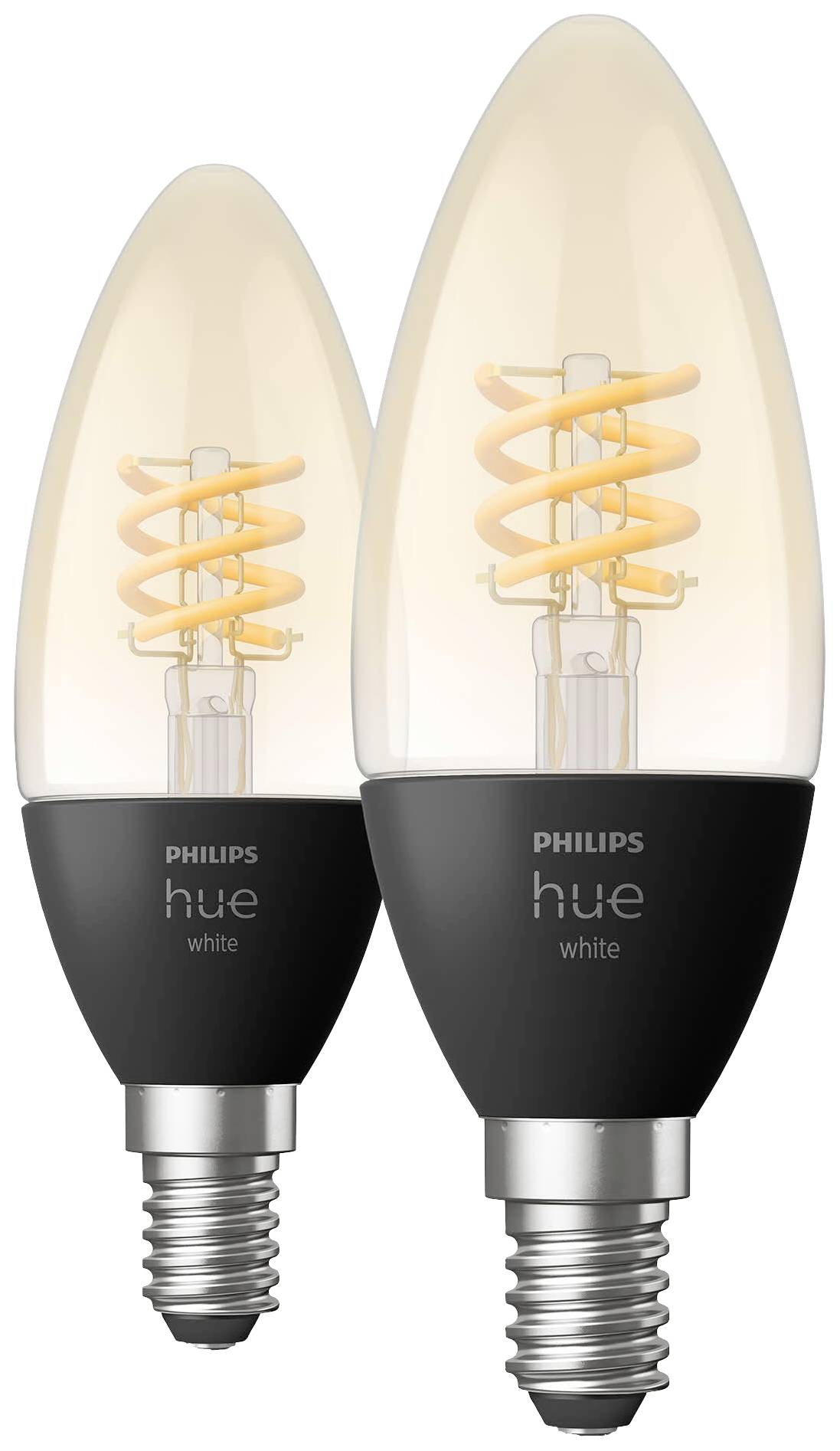 Two black Philips Hue LED light bulbs in a retro style with visible filaments. Energy-efficient and smart controllable.