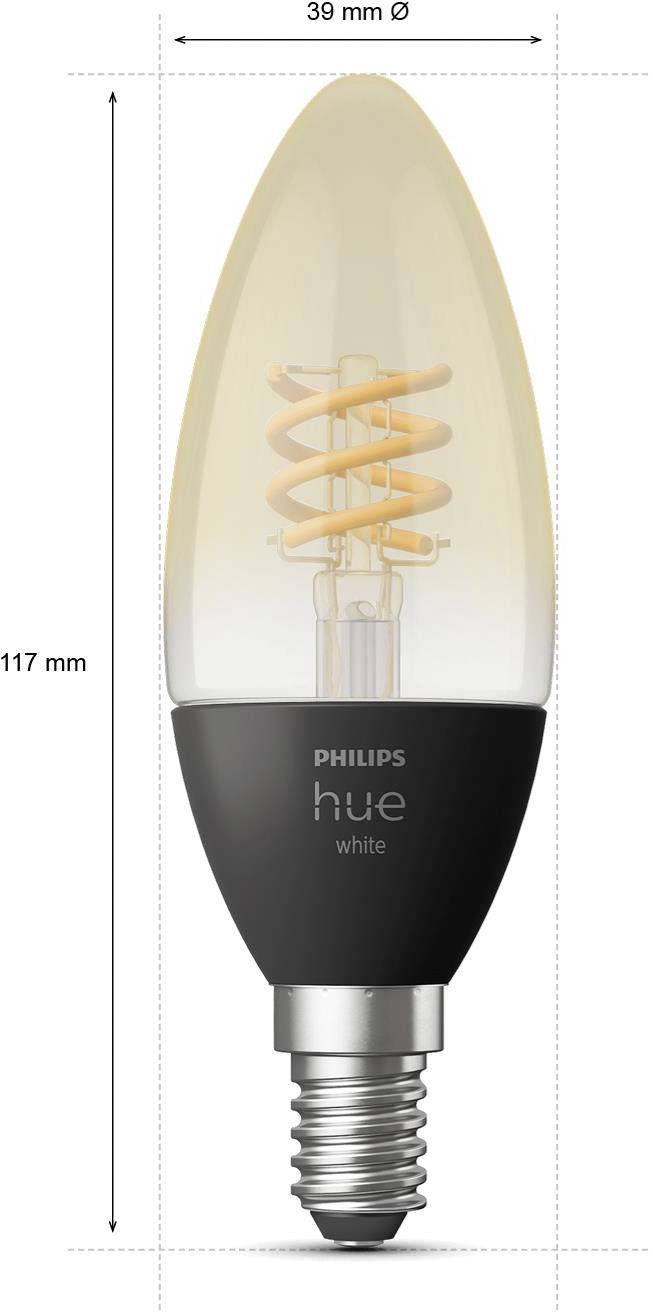 Philips Hue White light bulb, 39 mm diameter, 117 mm height, features a spiral LED inside, E14 fitting.