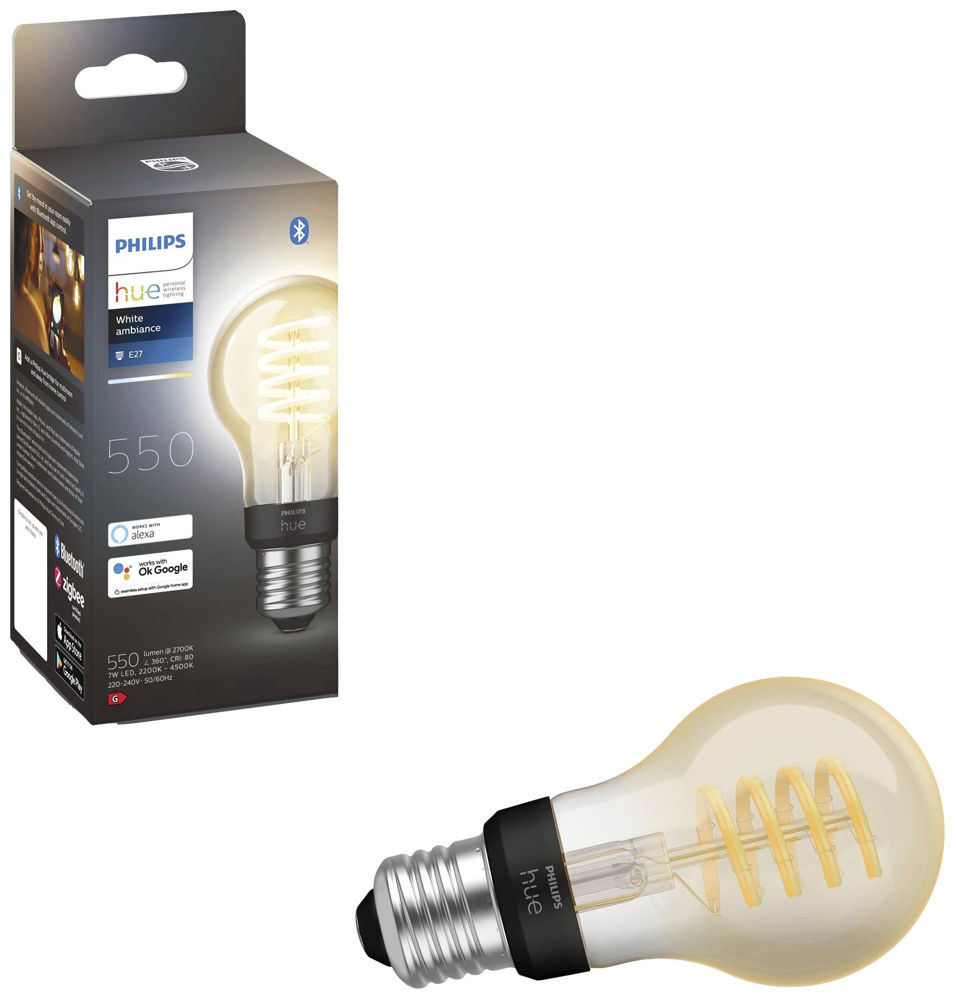 Philips Hue light bulb and packaging with Bluetooth support. Compatible with Google and Amazon assistance systems.