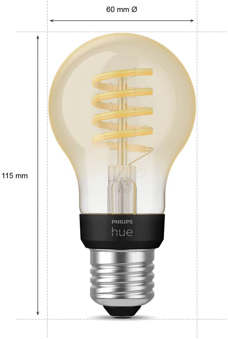 'Philips Hue LED light bulb, 60 mm diameter, 115 mm height, spiral LED filament, black fitting.'