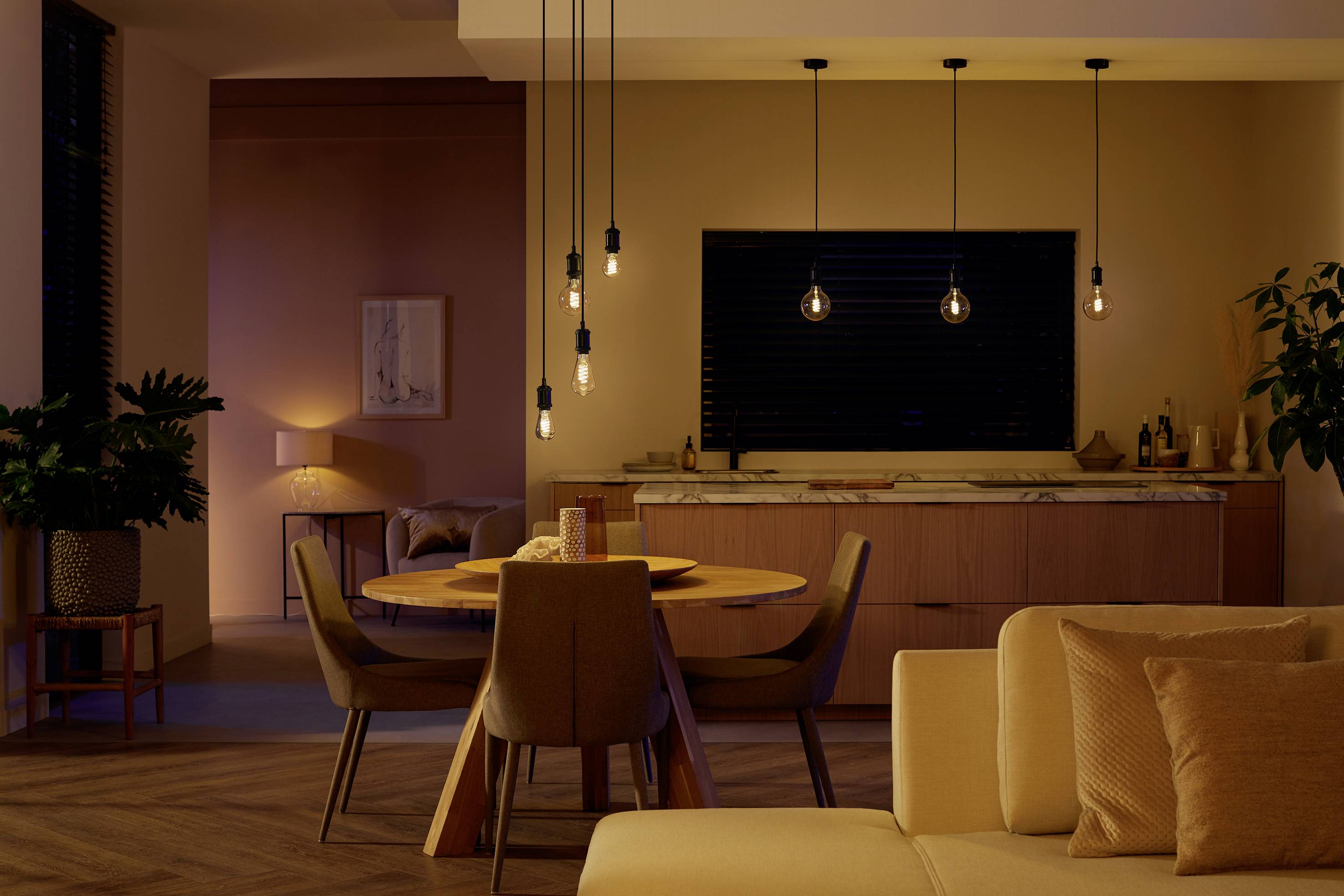 A cosy living room with subdued lighting. A round wooden dining set is in the foreground, with a kitchen area in the background.