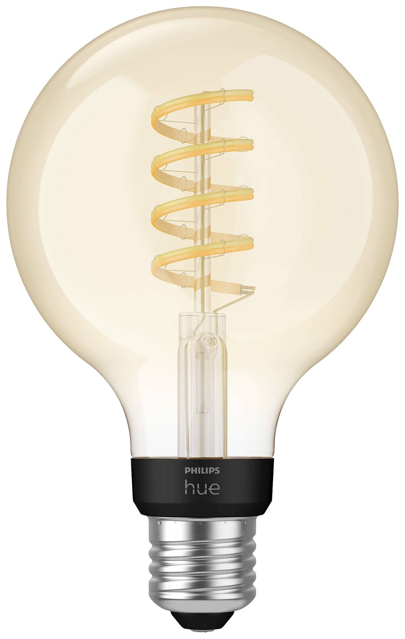 Large light bulb with a visible, spiral filament. It is not illuminated and has a metal and plastic socket.