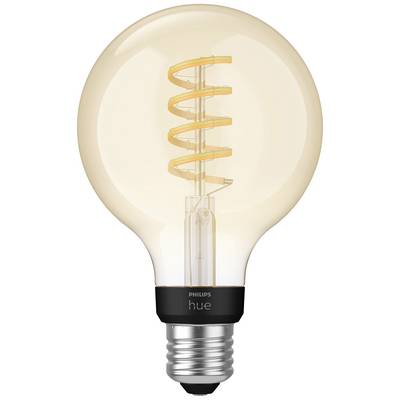 Large light bulb with a visible, spiral filament. It is not illuminated and has a metal and plastic socket.