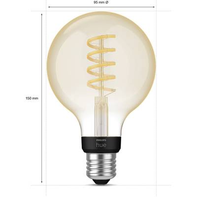 LED light bulb with E27 Edison screw fitting, 150 mm tall and 95 mm in diameter, showing a spiral-shaped filament and labelled 'Philips Hue'.