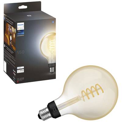 A decorative light bulb with a spiral shape and its packaging. Packaging indicates brand and Bluetooth compatibility.