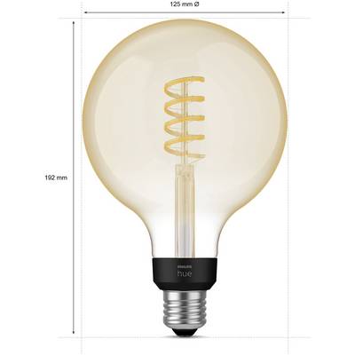 'Philips Hue' light bulb, spiral LED design, E27 bayonet fitting, 125 mm diameter, 192 mm height. Decorative and energy-efficient.