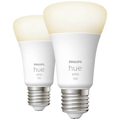 Two Philips Hue LED light bulbs with E27 fitting, emitting warm white light, suitable for intelligent lighting control via app.
