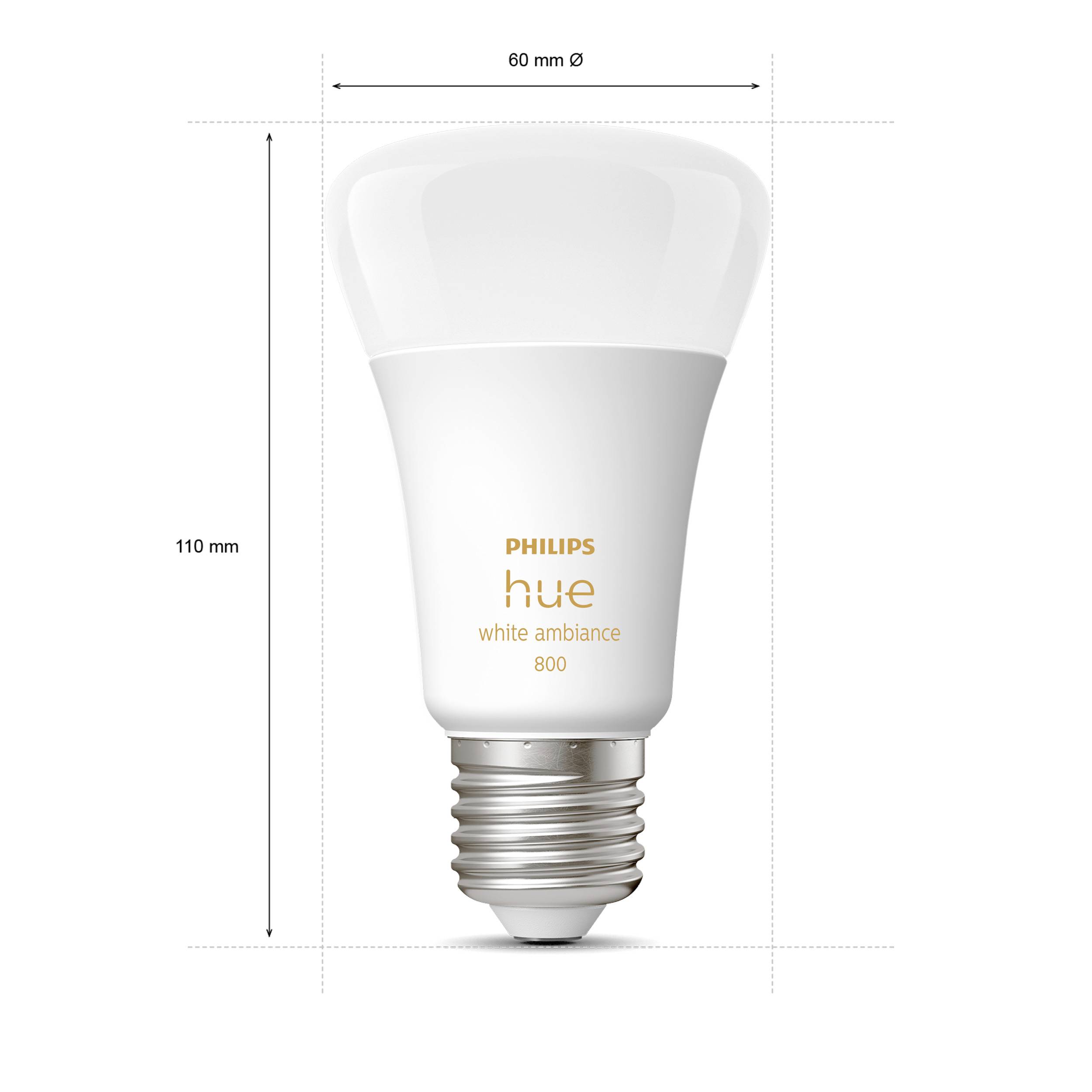 White Philips Hue Light Bulb; 110 mm tall, 60 mm diameter. Text: 'hue white ambiance 800'.