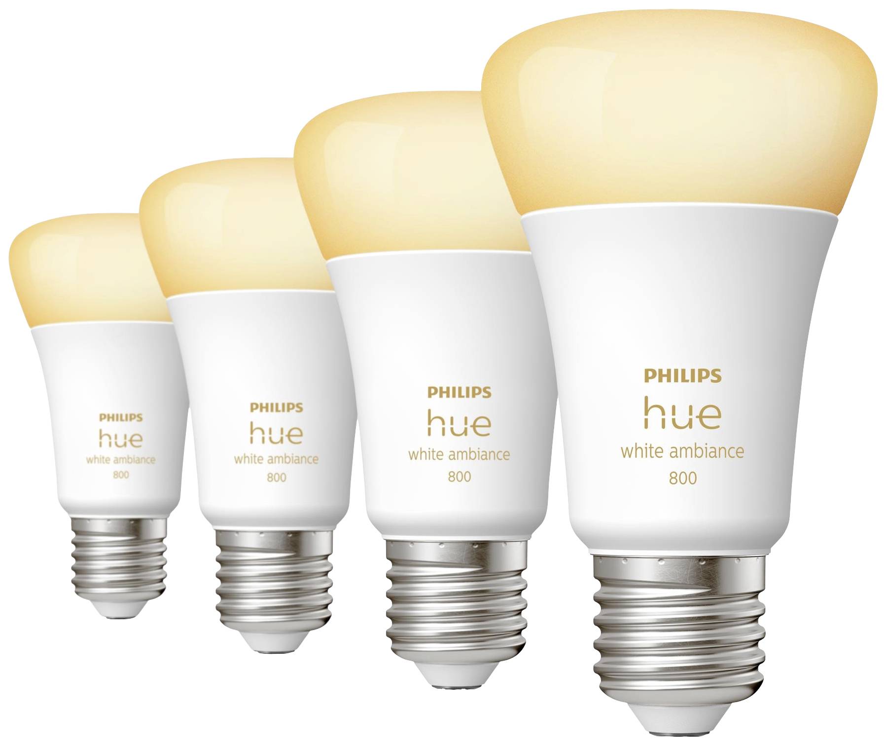 Four Philips Hue 'white ambiance' LED light bulbs lined up with warm white light. Energy-efficient lighting solution.