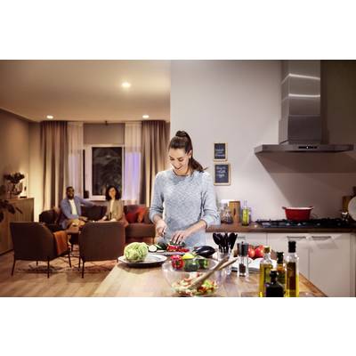 A woman is chopping vegetables in a modern kitchen, while two people sit on a sofa in the background.