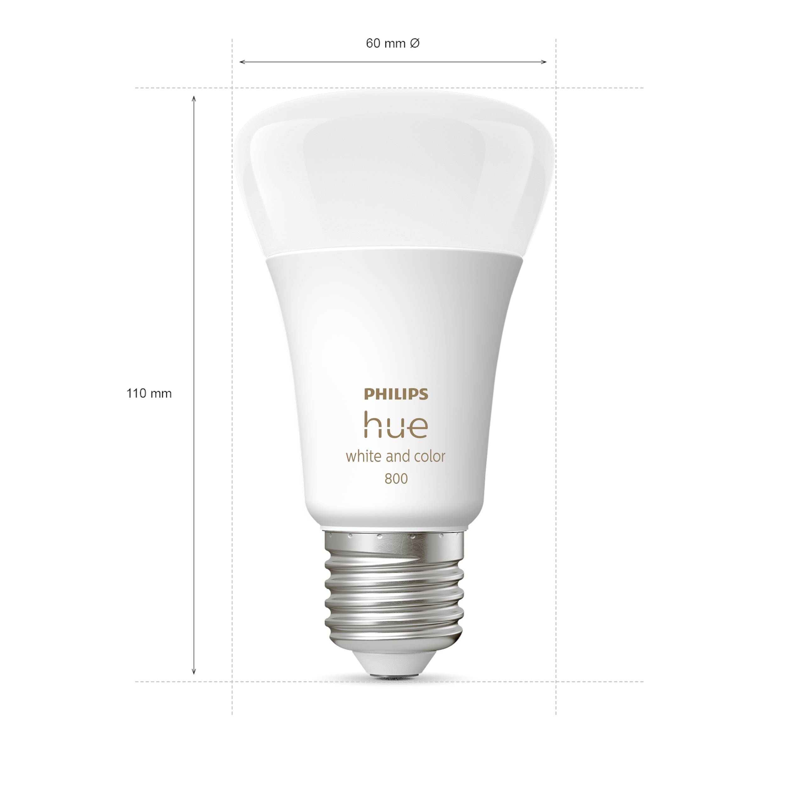 A Philips Hue LED light bulb, white and coloured, with a height of 110 mm and a diameter of 60 mm.