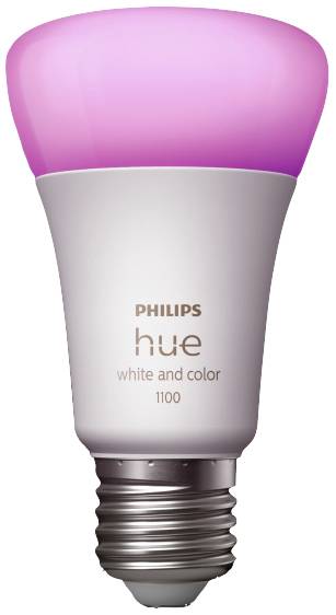 A Philips Hue light bulb, illuminating from the top in pink. Text on the bulb: 'Philips hue white and color 1100'.