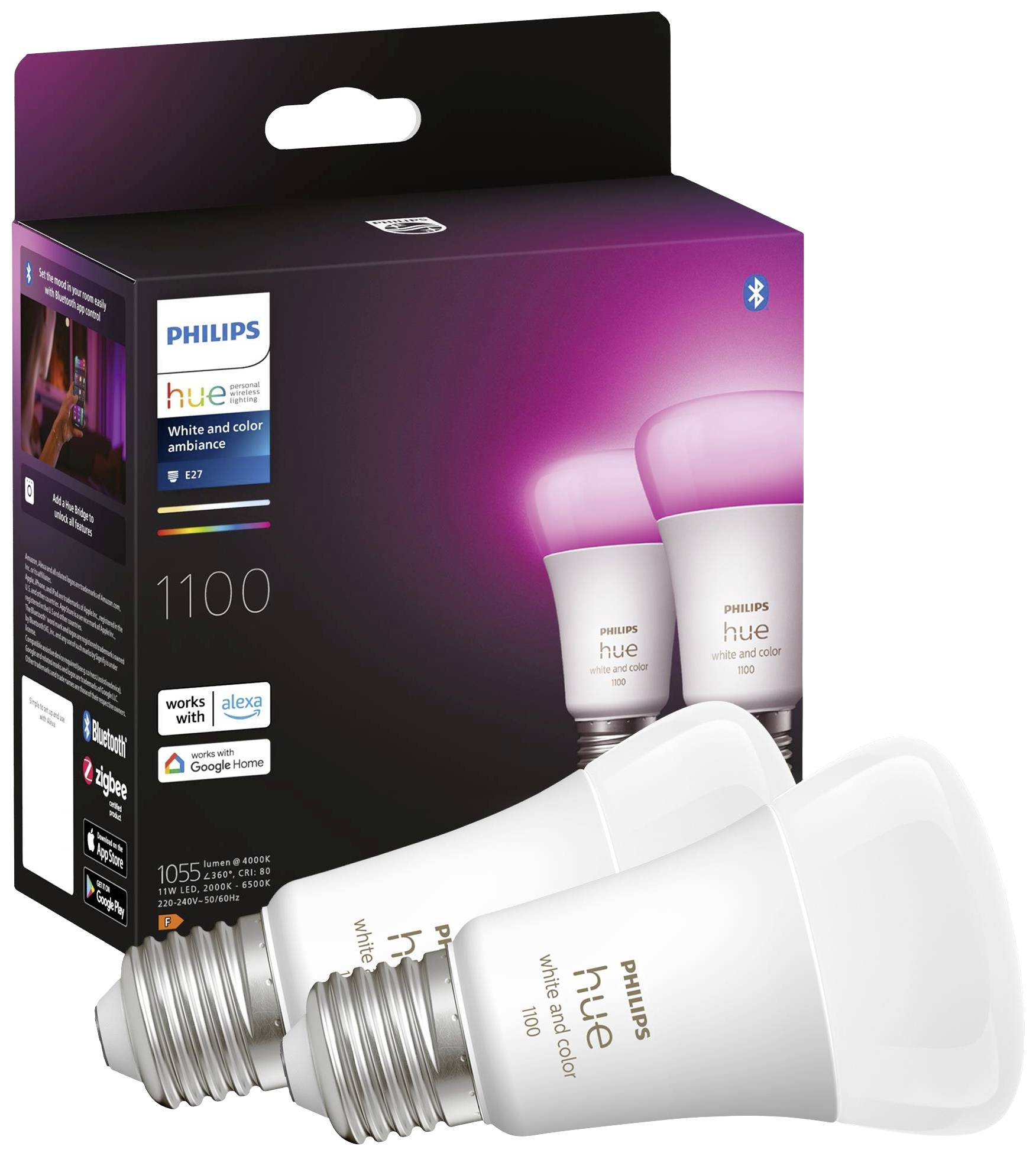 Hue LED light bulb (pack of 2) 871951429131700 EEC: F (A - G) Hue White & Col. Amb. E27 Doppelpack 2x800lm 75W E-27 11 W Warm white to cool white EEC: F (A - G)