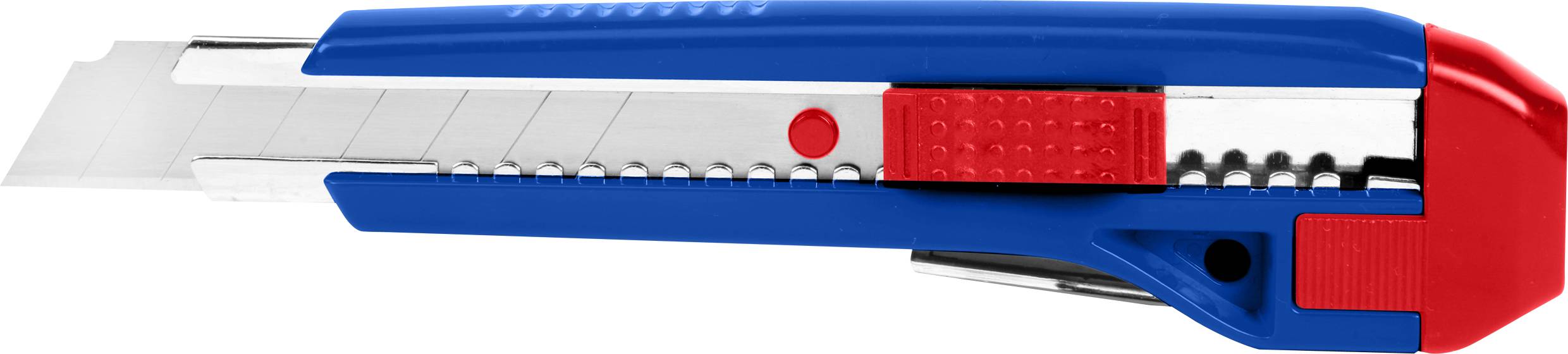 A blue and red utility knife with a retractable blade, perfect for cutting paper or cardboard.