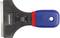 'Plastic hand scraper with blue handle, black blade and red-black handle guard. Suitable for removing paint or dirt.'