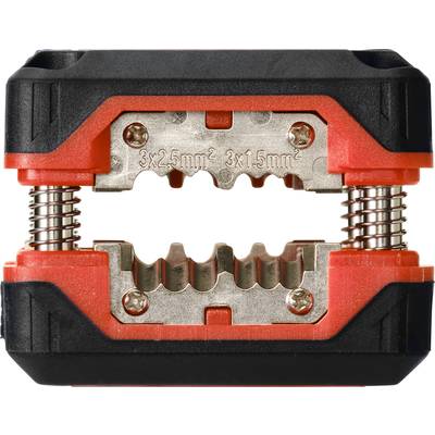 A cable connector in close-up, depicted with red and black plastic elements and metal parts. Clearly robust construction.