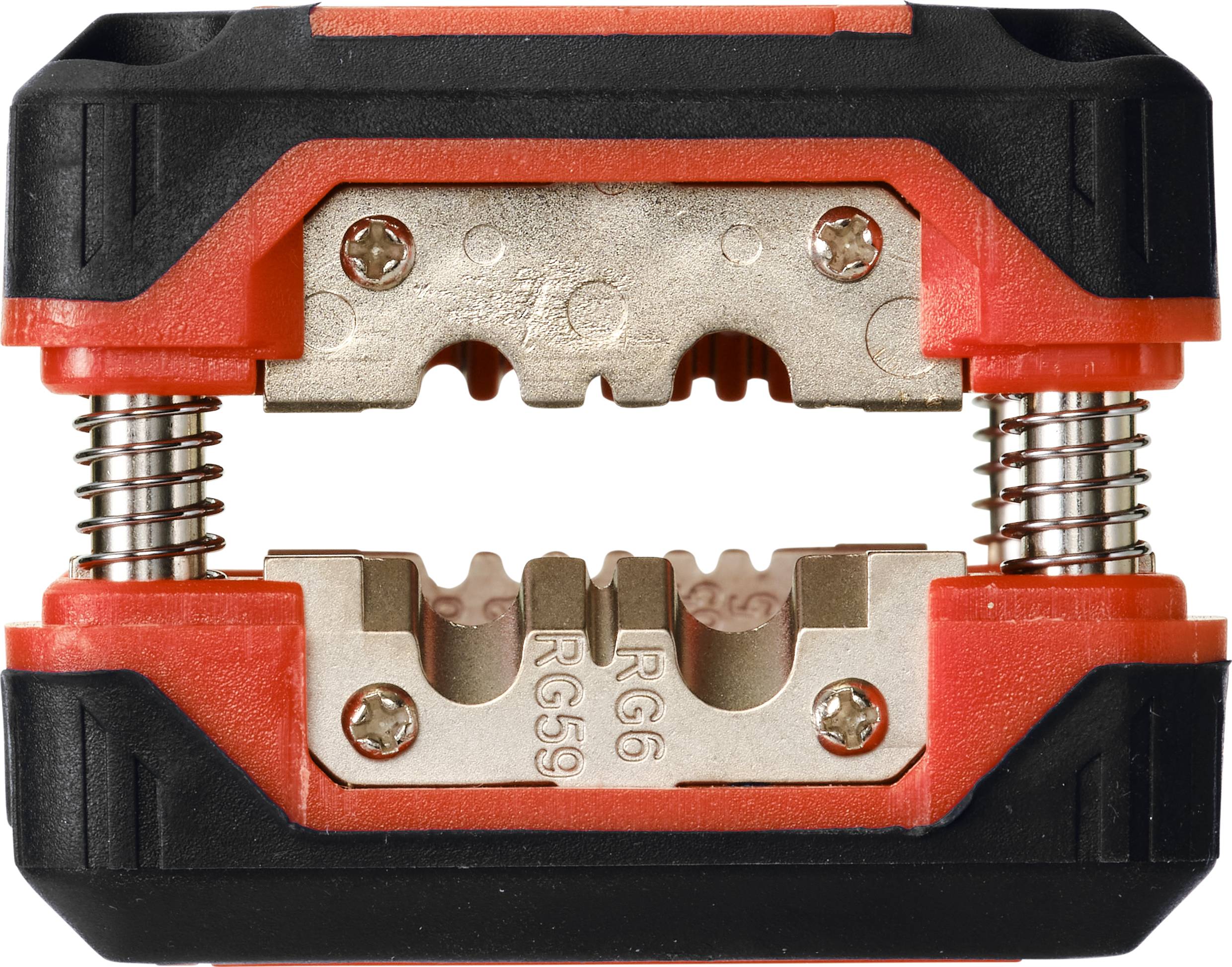 A cable stripping tool in black and red, suitable for stripping RG6 and RG59 cables, with two springs on the sides.