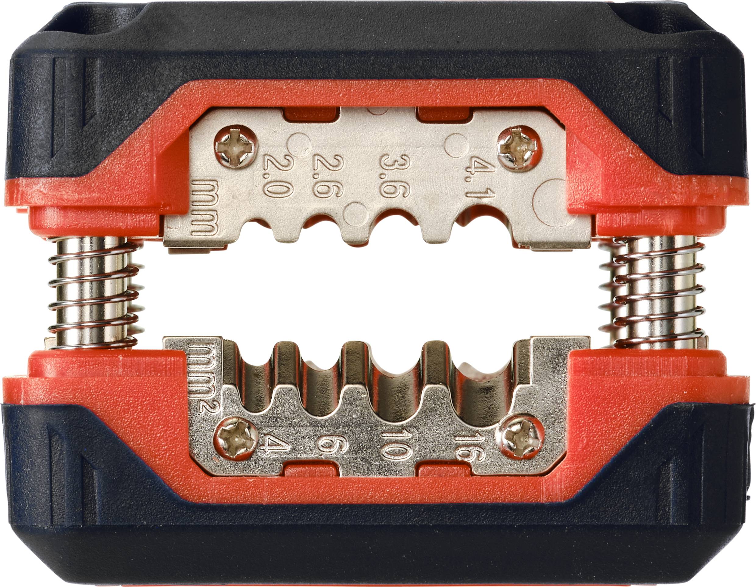 A cable stripping tool displays various knife sizes for cable stripping. Red and black design, metal components visible.