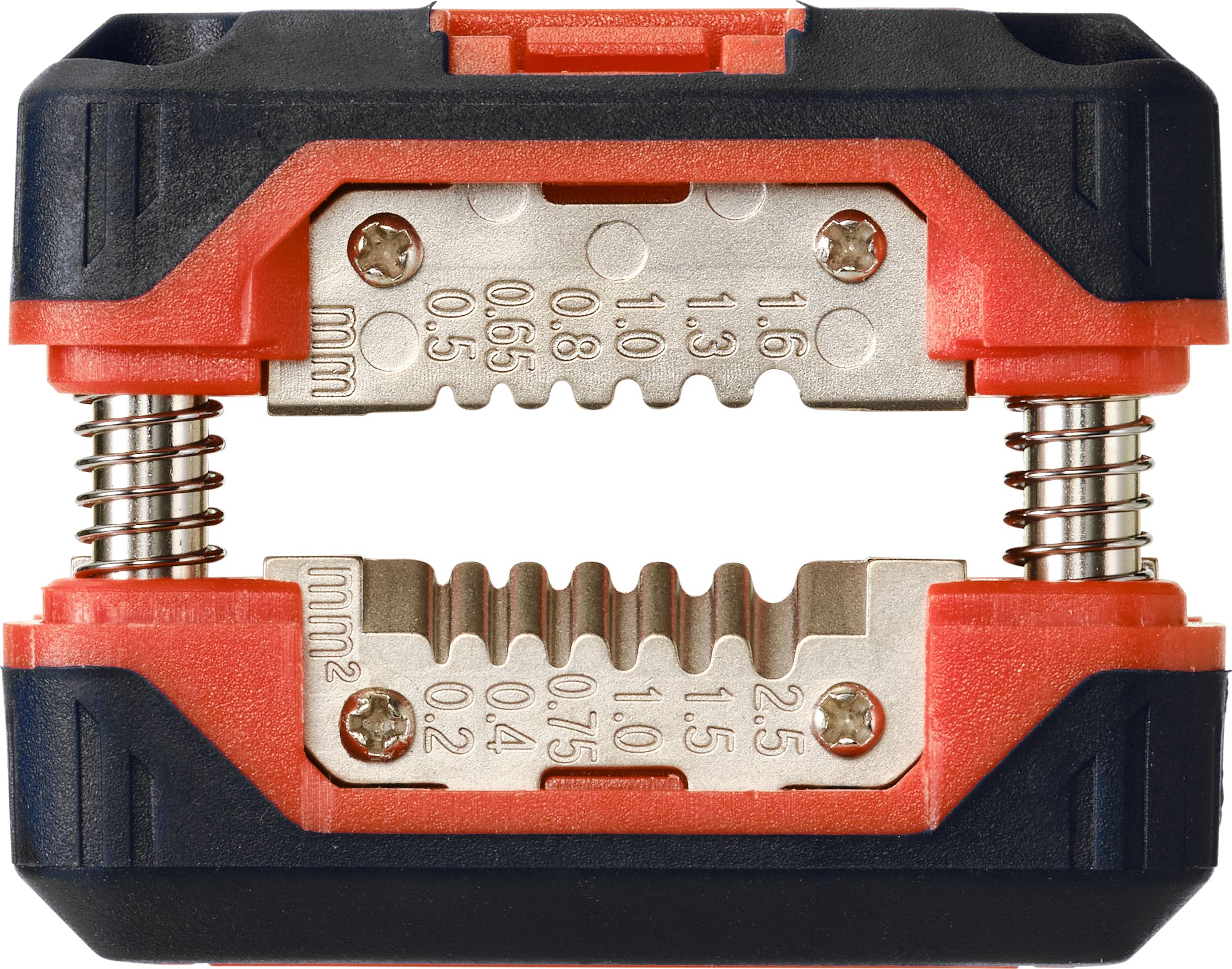 A cable stripper with two cutting blades, black and red housing. Suitable for cable diameters from 0.2 to 2.5 mm².