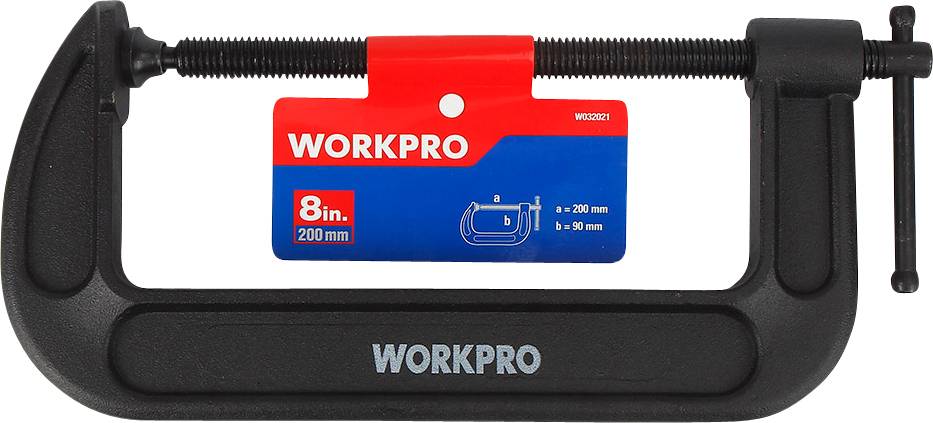 Workpro black metal G-clamp, 200 mm (8 inch) size. Comes in a red packaging with product information.