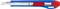 A blue craft knife with a red slider and an extended, silver blade. Suitable for cutting work on paper or cardboard.