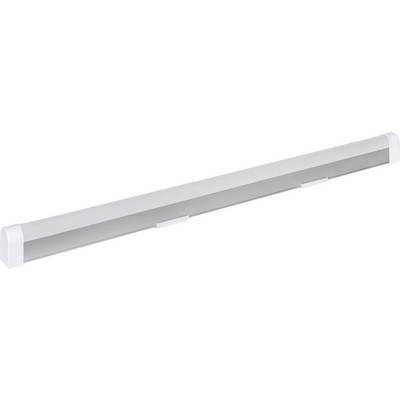 A long, rectangular LED light fitting in silver colour, suitable for ceiling mounting, with two white end caps.