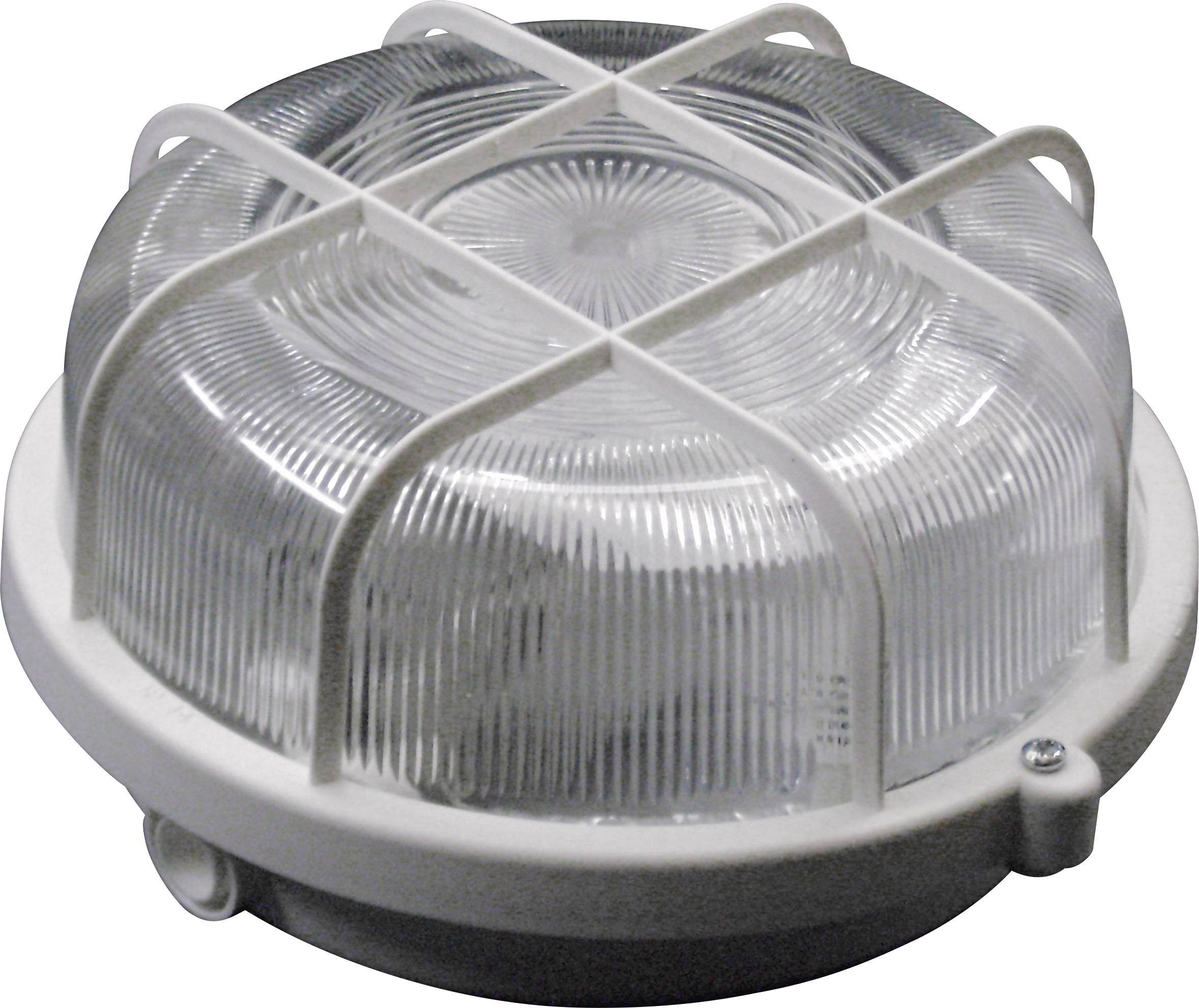 A round, robust wall or ceiling light with a metal protective grille and a housing-free, clear glass.