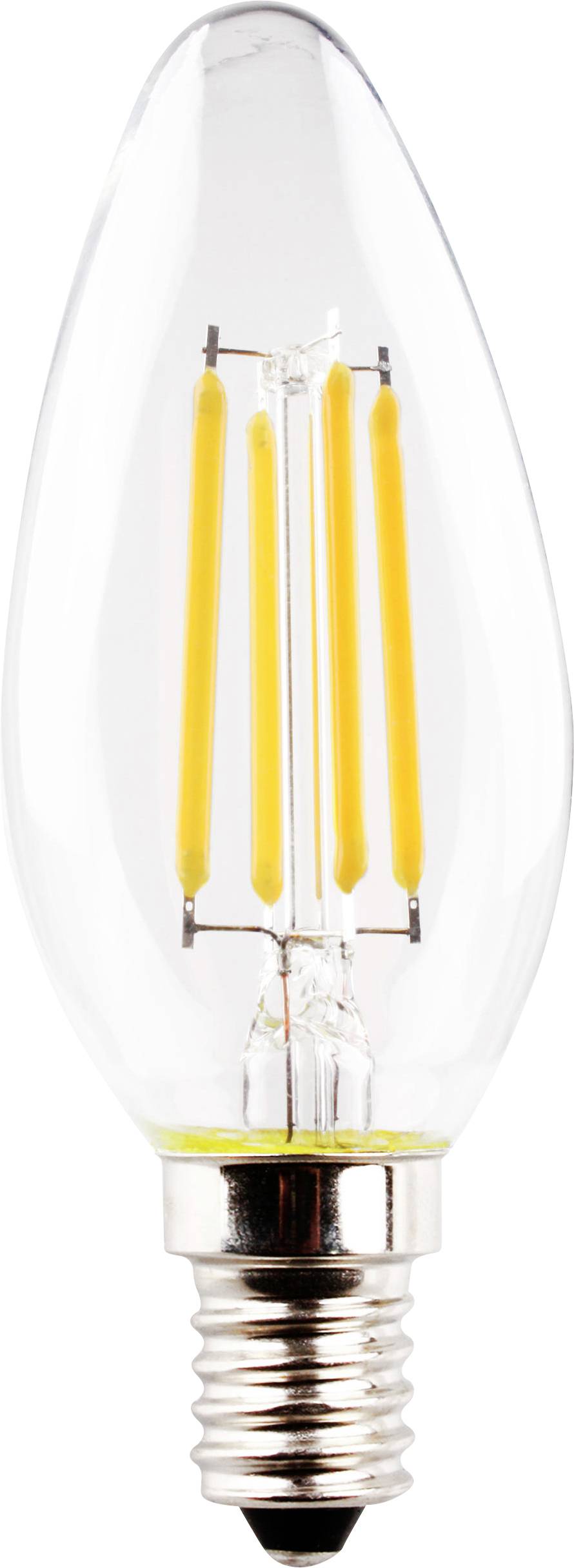 A filament light bulb shaped like a candle, with an E14 socket, on a white background.