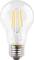 Light bulb with transparent glass and visible filament, switched on. It emits a warm light and is set against a white background.