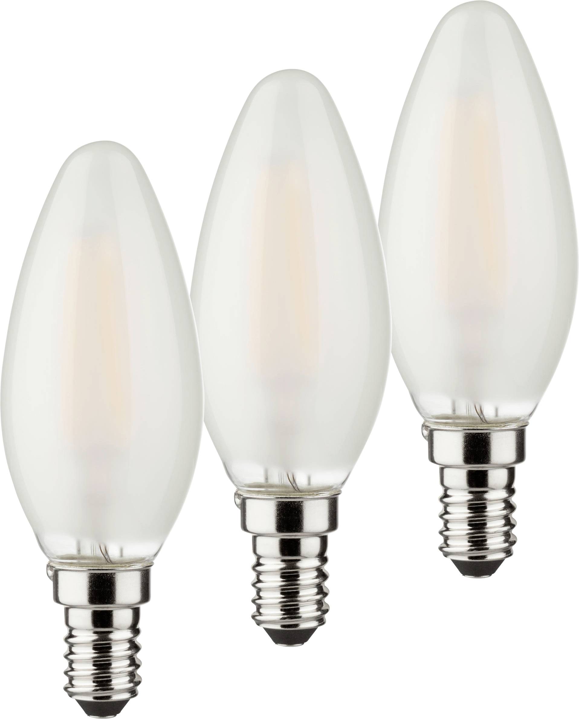 Three LED candle bulbs with E14 bayonet cap, standing side by side and switched on. Suitable for decorative lighting and chandeliers.