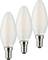 Three LED candle bulbs with E14 bayonet cap, standing side by side and switched on. Suitable for decorative lighting and chandeliers.