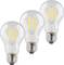 Three identical LED light bulbs with E27 screw base, clear glass, and long yellow filaments are placed side by side.