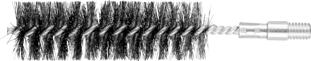 Black, cylindrical brush with metal handle, bristles arranged in a spiral pattern, suitable for pipe or bottle cleaning.