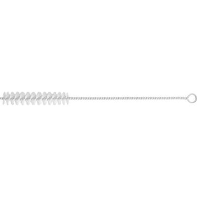 A long plastic brush with white bristles, arranged in a spiral line, serves as a bottle brush for cleaning.