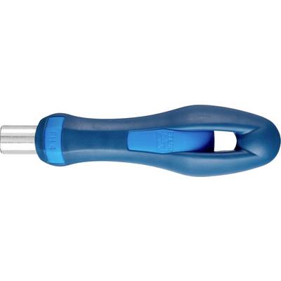 A blue screwdriver handle with an ergonomic shape and metallic tip, suitable for various screwdriver heads.