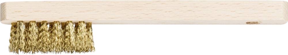 Wooden brush with short, stiff brass bristles, suitable for cleaning metal surfaces.