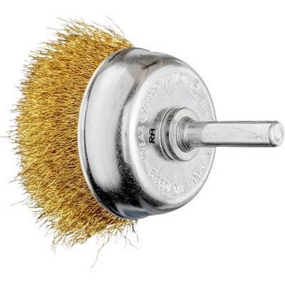 Metal rotary brush with rotating bristles for cleaning or polishing surfaces, mounted on a metal shaft.