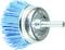 Metal brush attachment with blue nylon bristles and silver casing, suitable for grinding work.