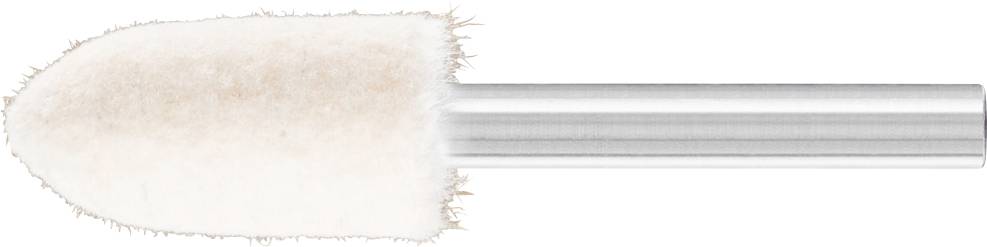 'Fluffy polishing tool with a metallic handle, side view, against a white background.'