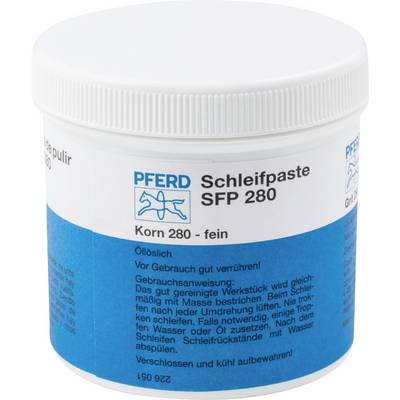 A white-blue container with 'HORSE Grinding Paste SFP 280'. Grain 280, fine granulation, oil-soluble. Instructions for safe use on label.