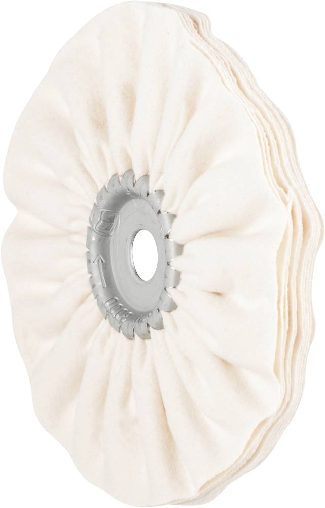 'White polishing disc with fabric layers and grey plastic centre, side view.'