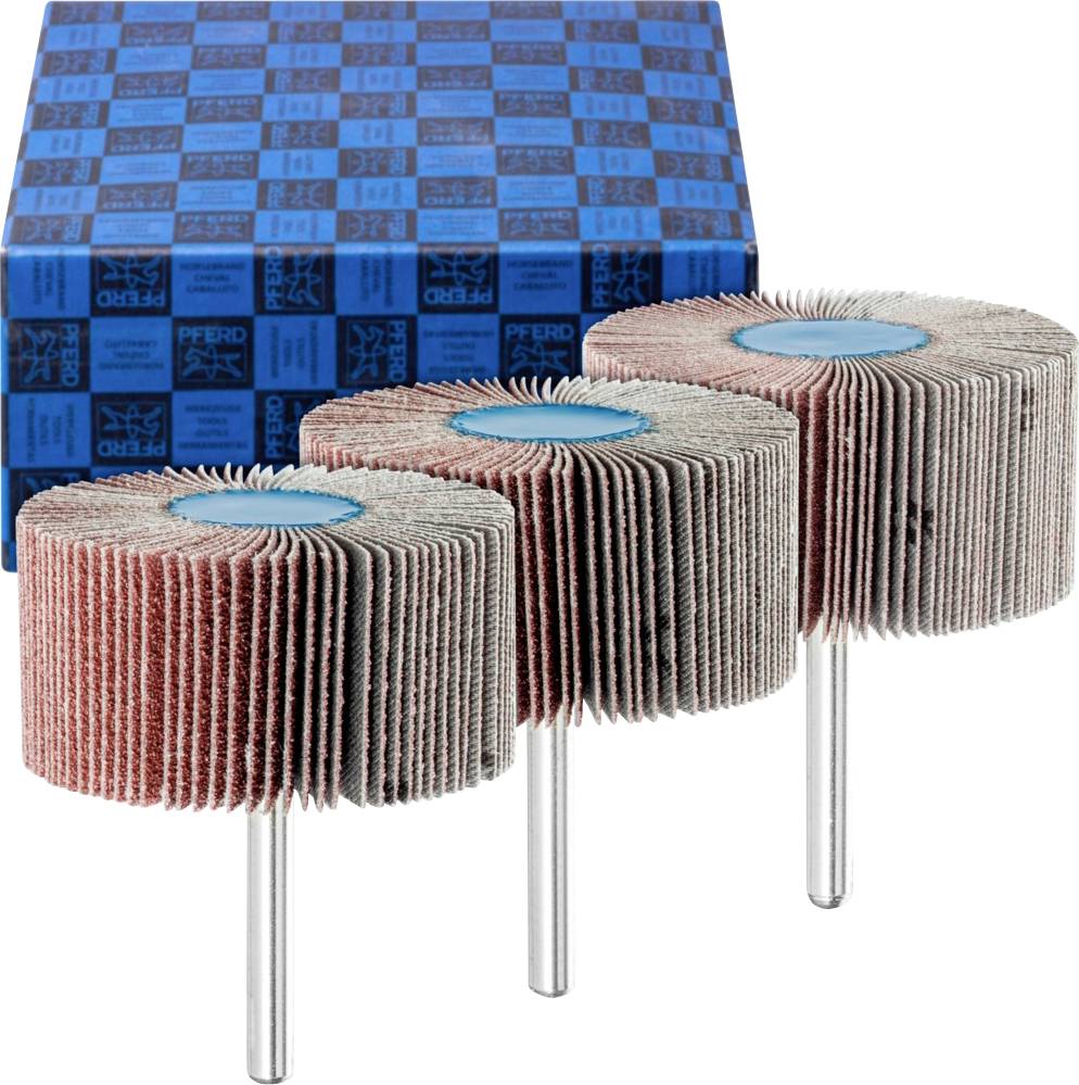 'Three grinding head attachments with blue centres in front of a blue-black packaging in the background, industrial application for surface processing.'