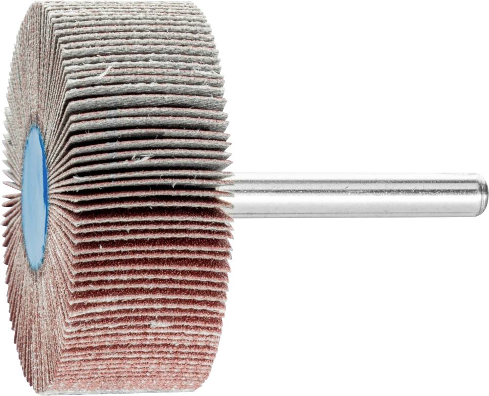 Abrasive tool with radially arranged lamellae on a metal rod, used for polishing or grinding surfaces.