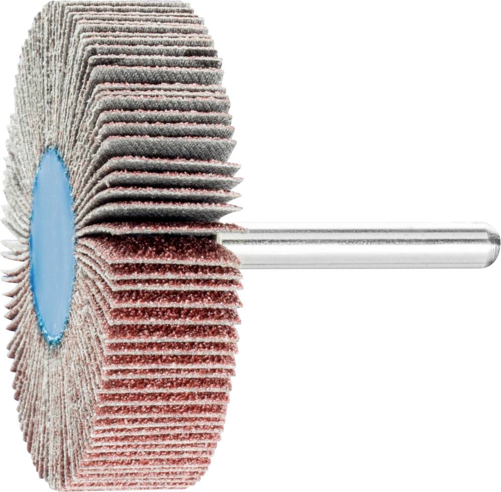 A flap sanding wheel with red sanding paper and a blue hub, mounted on a metal shaft, against a white background.