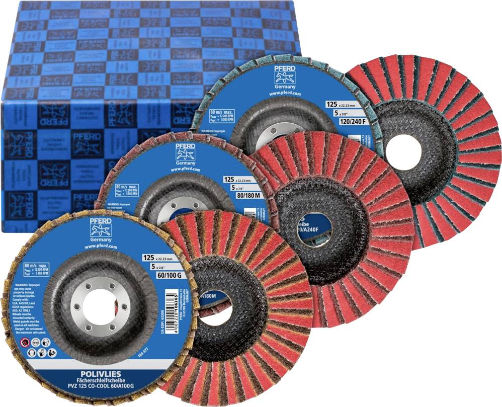 Five grinding discs in various colours and grits are laid out in front of a blue box. Each disc has different specifications.
